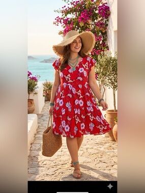 Avenue Bright Red Floral  Unwind Tiers Dress with flutter sleeves. 20